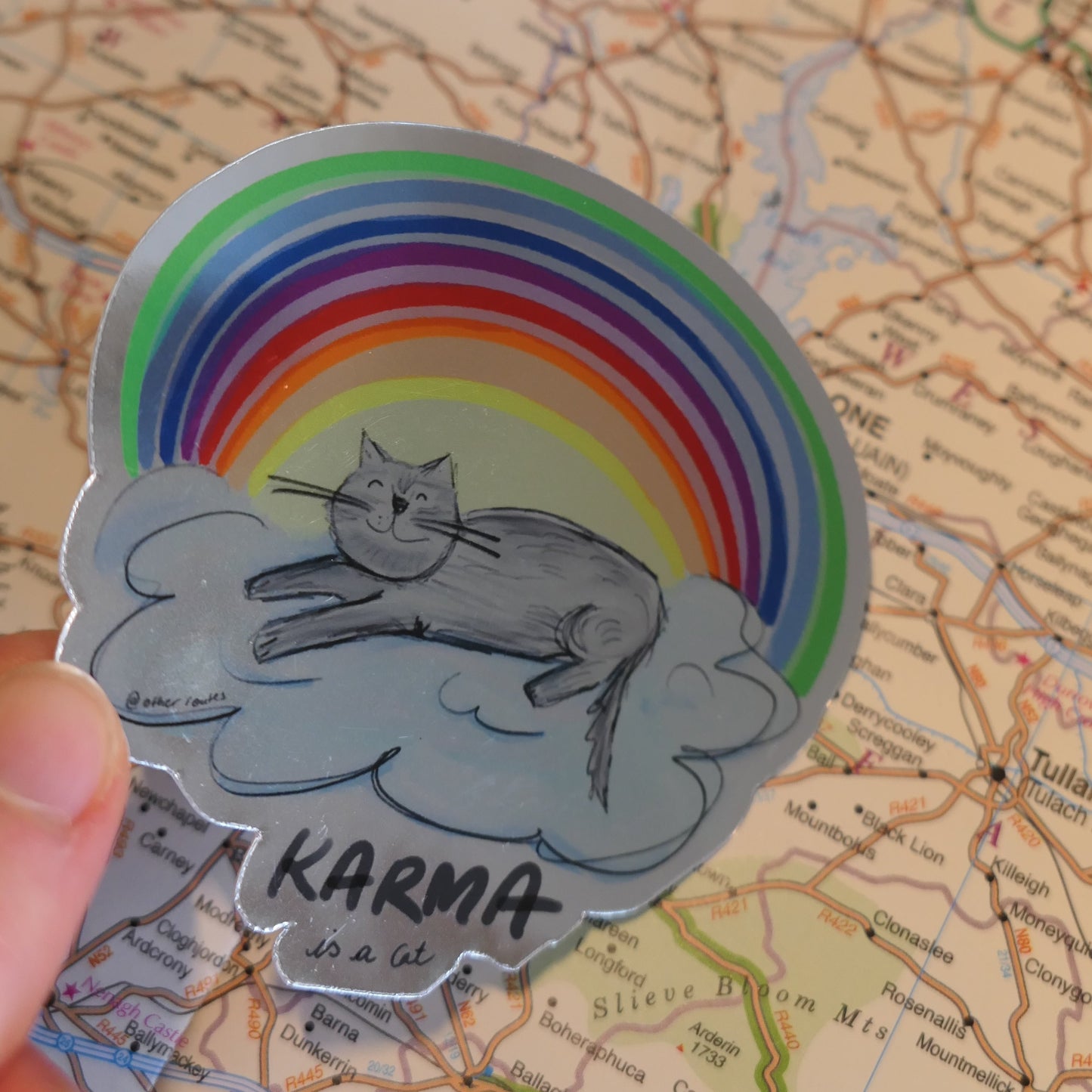 "Karma is a Cat" Sticker - Chrome Silver